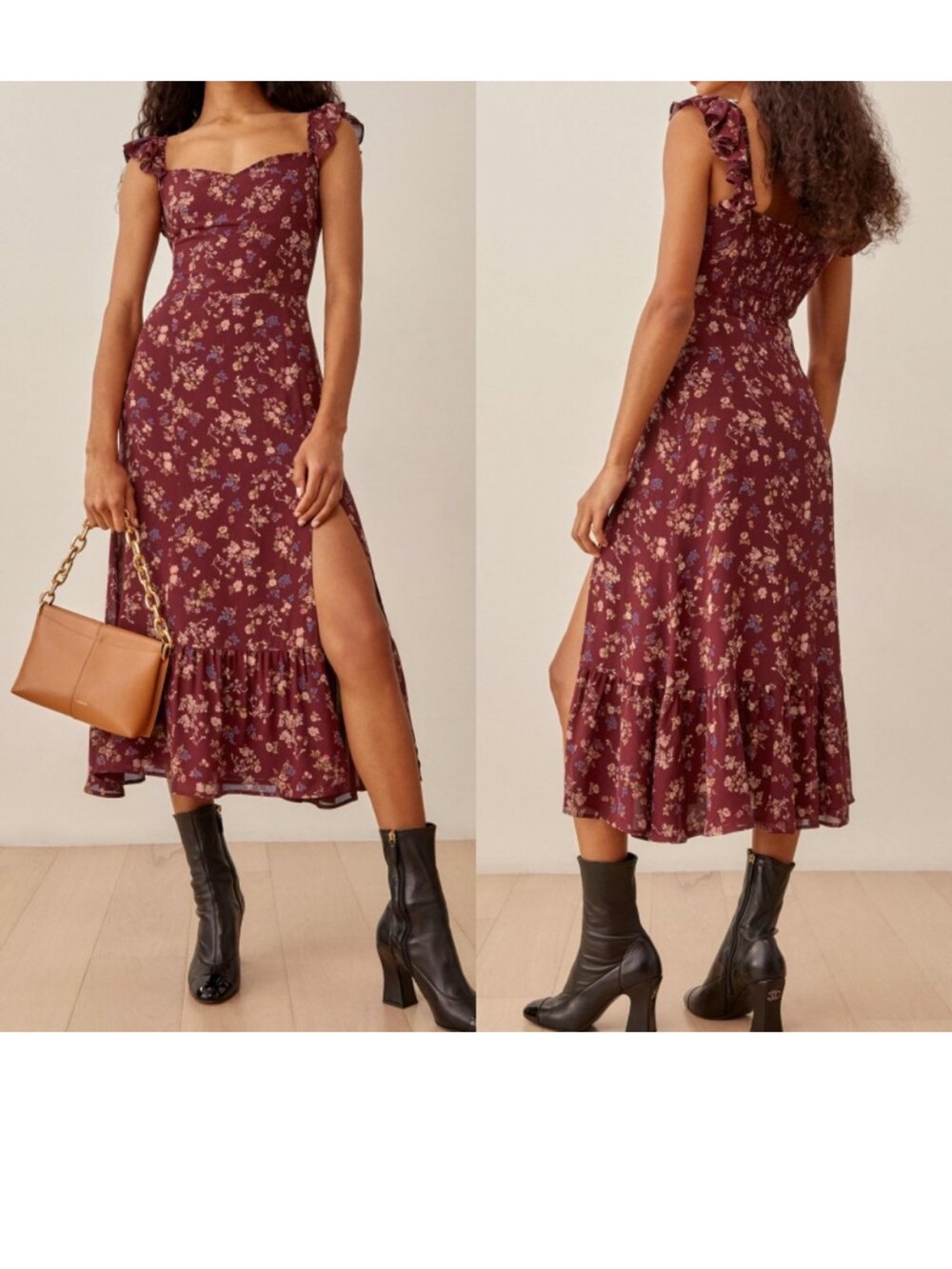 Reformation Bondi Floral Ruffle Midi Dress in Burgundy Chantelle